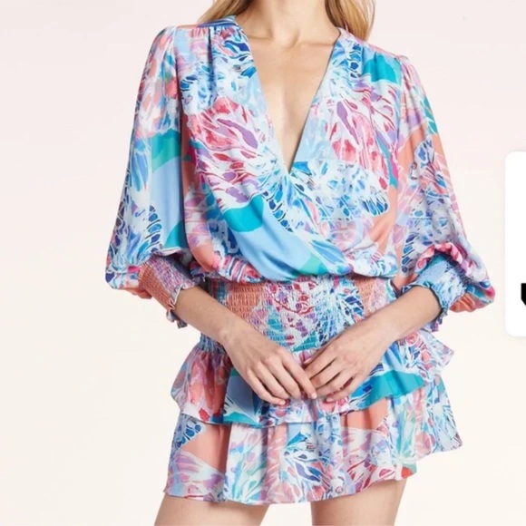 Revolve $228 Amanda Uprichard Arber Smocked Waist Puff Sleeve Mini Dress Small - Picture 2 of 8